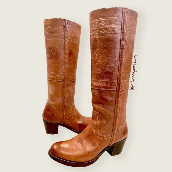 1970 Frye VINTAGE RARE Deer/Moose Cognac Leather Campus Knee High Tall Heel Boot - Picture 13 of 13